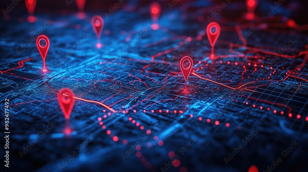 Poster digital map with red and blue pinpoints, emphasizing geospatial data and location insights, ideal fo