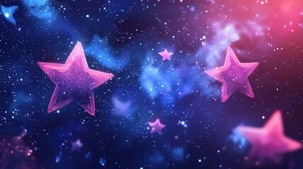 Abstract image of pink stars on a dark blue background with white and blue glitter.