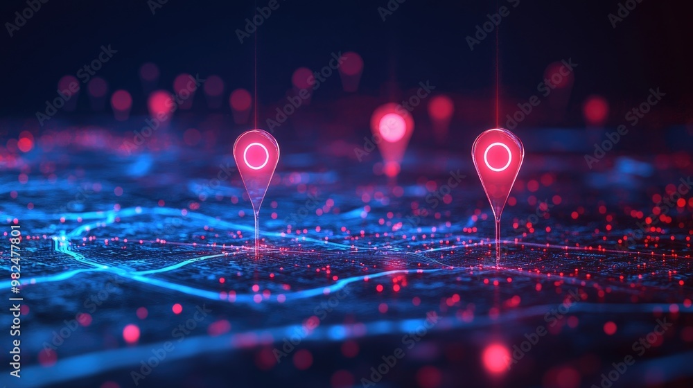 Poster digital map with red and blue pinpoints, emphasizing geospatial data and location insights, ideal fo