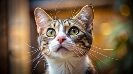The feline's curious stare is directed upward, its eyes open wide with awe, ears pointed and whiskers quivering