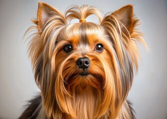 Naklejka premium Silky long and flowing hair of a Yorkshire Terrier dog, richly hued with warm undertones of brown and gold, frames piercing eyes of intense depths.