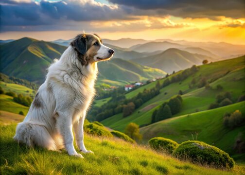 Silky coated Illyrian shepherd scans the emerald hillsides, soaking in the warm, golden light of a sun-drenched meadow's serene beauty.