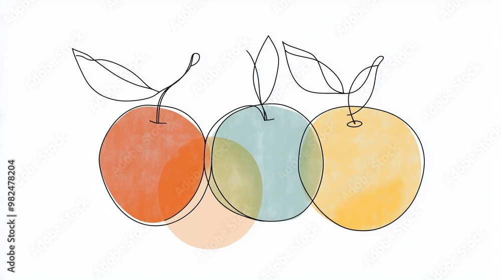 Poster three colorful abstract fruits with minimalist line artwork on a white background showcasing creativ