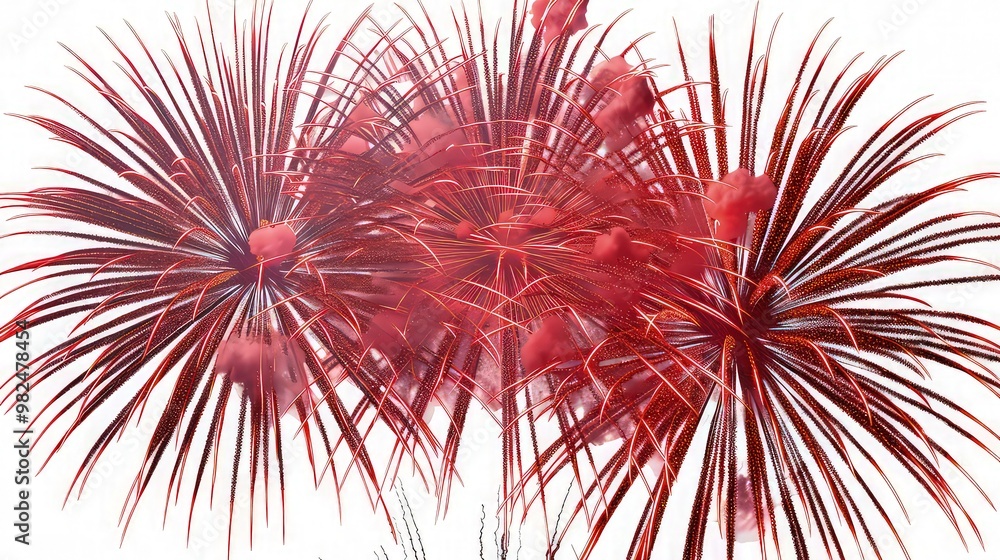 Poster brilliant red fireworks exploding in a dazzling display, perfect for overlaying on white backgrounds