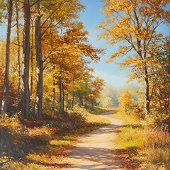 Fototapeta premium Autumn forest road at warm sunny fall morning.