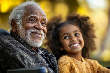 Fototapeta premium portrait of happy african american grandfather in wheelchair with his little granddaughter in park 