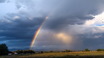 A brilliant rainbow spans the sky following a rainstorm, with its vivid colors contrasting sharply with the remaining dark, moody clouds. The rainbow's arc is clearly defined, providing a bright 