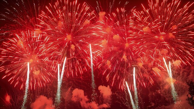 Brilliant red fireworks exploding in a dazzling display, perfect for overlaying on night sky backgrounds.
