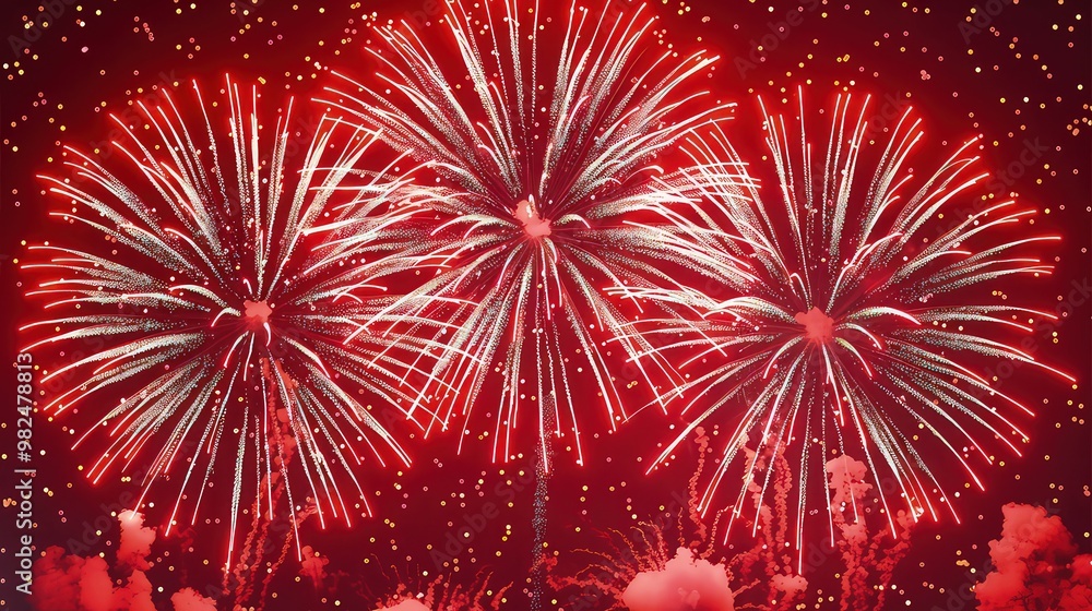 Poster brilliant red fireworks exploding in a dazzling display, perfect for overlaying on night sky backgro