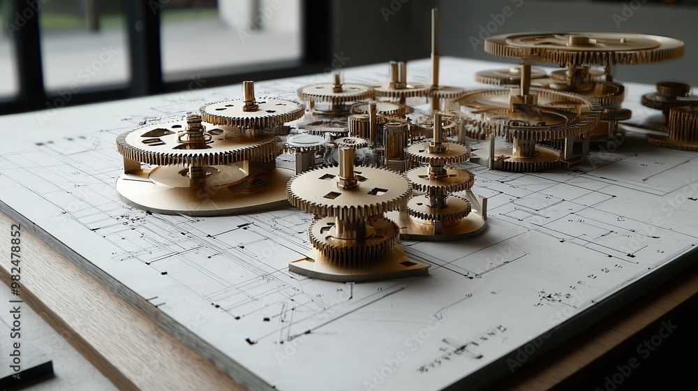 Poster close up of intricate gears and cogs on a blueprint.