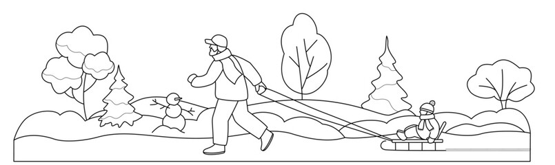 Father carrying child on the sled. Vector illustration in line style.