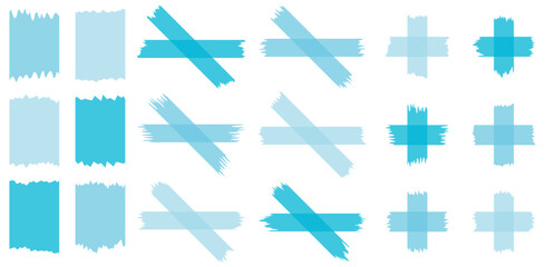 Set of blue semi-transparent washi tapes isolated on white. Washi tapes collection in vector. Pieces of decorative tape for scrapbooks. Torn paper