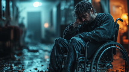 Obraz premium Sad man sitting in a wheelchair and holding head. Emotional and depressed scene.