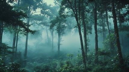 Fototapeta premium A serene morning mist envelops a dense forest, with tall trees shrouded in fog. The fog creates a dreamy, ethereal atmosphere, with soft diffused light filtering through the mist, casting a 