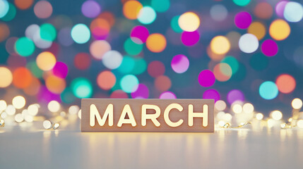 March typography written with wooden letter - new month bokeh background. 