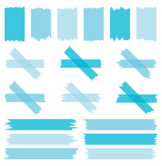 Set of blue semi-transparent washi tapes isolated on white. Washi tapes collection in vector. Pieces of decorative tape for scrapbooks. Torn paper