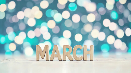 March typography written with wooden letter - new month bokeh background. 