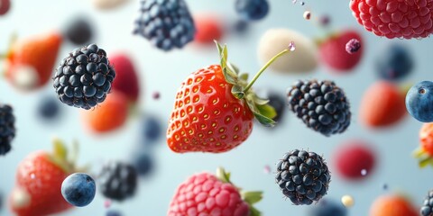 Fresh and Colorful Berries Floating in Air
