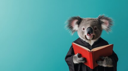 Koala in Scholar's Robe with Scroll on Teal Background. Creative Animal Character Concept for Education. Ideal for Educational Materials and Promotions. High-resolution image.
