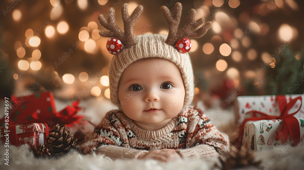 Wall mural christmas baby with christmas decoration celebrating