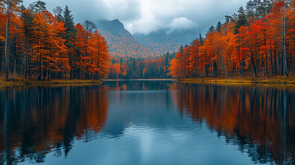 Naklejka premium Serene autumn landscape with colorful trees reflecting in the calm waters of an isolated lake, surrounded by a dense forest and mountains