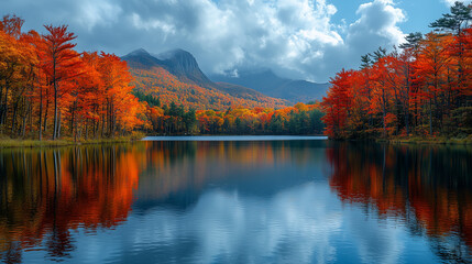 Obraz premium Serene autumn landscape with colorful trees reflecting in the calm waters of an isolated lake, surrounded by a dense forest and mountains