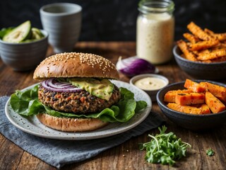 Vegan Black Bean Burger, Burger, Sandwich, 4K Photography