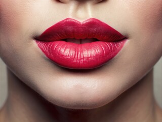 Naklejka premium Soft, full lips curve upward, forming a gentle heart shape that echoes the iconic cupid's bow, a subtle yet tantalizing gesture of endearment and intimacy.