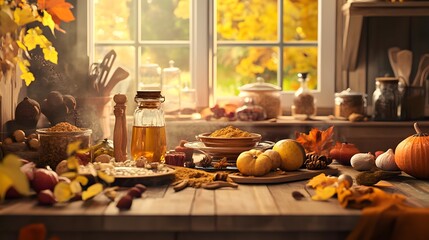 Autumn home decoration with flowers and pumpkins