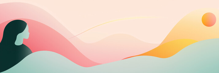 Fototapeta premium A solitary female silhouette gazes at a distant sun, framed by soft waves of pink, orange, and green, symbolizing hope and the limitless potential of young girls on International Day of the Girl. 