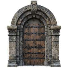 Ancient wooden door with metal hinges and hardware is set in a stone archway with pillars, creating an imposing entrance