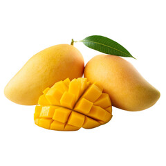 Fototapeta premium Whole mangoes and sliced cut ​​mango isolated on transparent background