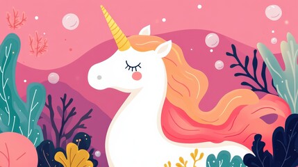 Unicorn-mermaid hybrid, flowing mane and tail, underwater coral reef, shimmering scales, flat design illustration, Copy space for text, No text, No logo