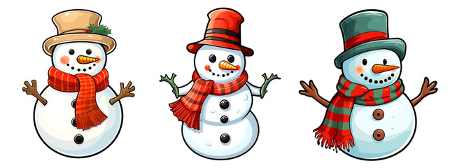 Various snowman on transparent background. PNG file. Mockup template for graphic design resource.