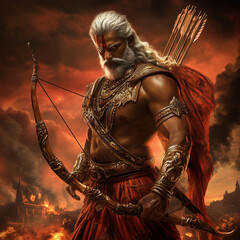 Arjuna Mahabharata with white hair wearing full Indian armor hold bow stands in front of an ancient temple