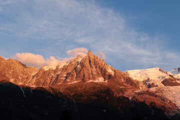 Beautiful light of sunset in Mont Blanc Massif (Alps), from Chamonix in Haute Savoie, France