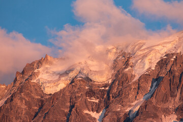 Beautiful light of sunset in Mont Blanc Massif (Alps), from Chamonix in Haute Savoie, France