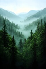 Forested area with fog and mountain silhouettes, calm setting, Watercolor style