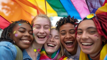 Joyful friends celebrating pride with colorful rainbow flags in a vibrant atmosphere. Smiles and happiness shine brightly.