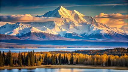 Obraz premium Towering above the Alaskan landscape, Mount Susitna's snow-capped summit looms large, a beacon of rugged grandeur