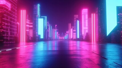 Obraz premium New Year 2025, 80s retro-futuristic style, glowing arcade elements, neon lights, electric blue and pink hues, futuristic cityscape, 3D illustration, Copy for text, no text, no logo
