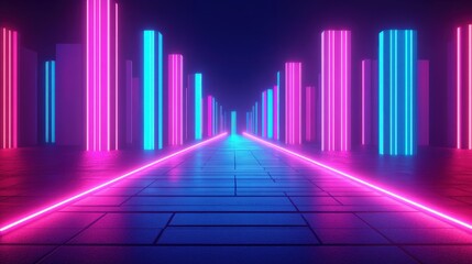 New Year 2025, 80s retro-futuristic style, glowing arcade elements, neon lights, electric blue and pink hues, futuristic cityscape, 3D illustration, Copy for text, no text, no logo