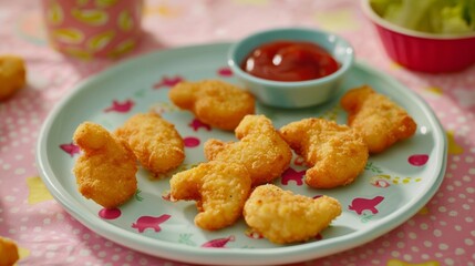 Fun and Tasty Chicken Nuggets on a Plate with Ketchup Dipping Sauce