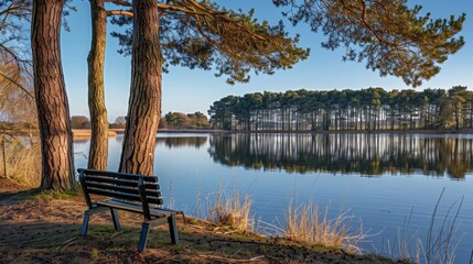 Fototapeta premium Serene lakeside view with a black bench under tall trees in a peaceful landscape