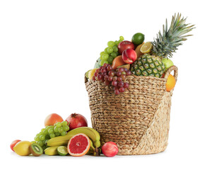 Many fresh ripe fruits in basket isolated on white