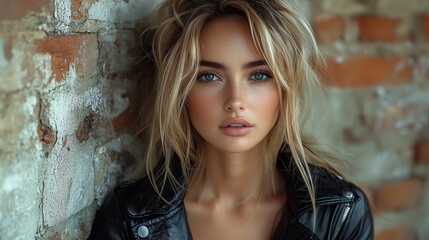 Fototapeta premium Woman wearing a black leather jacket and standing against a brick wall. Text space