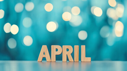April typography written with wooden letter - new month bokeh background. 