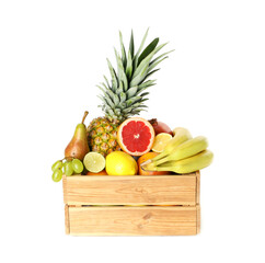 Many different fresh fruits in wooden crate isolated on white