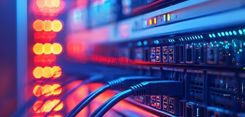 Naklejka premium Ethernet cables in data center linked to switches, showing telecommunication setup.