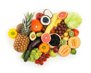 Different fresh vegetables and fruits isolated on white, top view